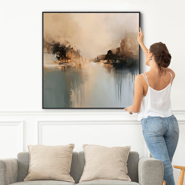 Golden Teal Abstract Framed Square Artwork Canvas - Calm Shores