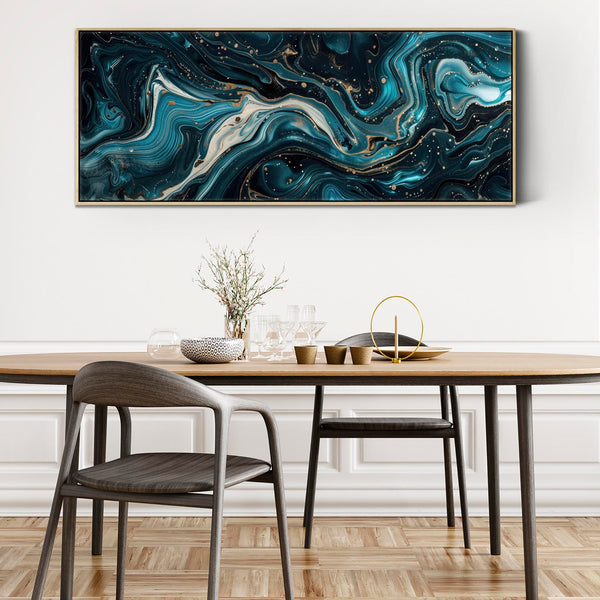 Horizontal Teal Blue Artwork Print Canvas Panoramic - Golden Streams