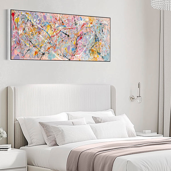 Wide Awake Bright Bedroom with Abstract Colourful Wall Art