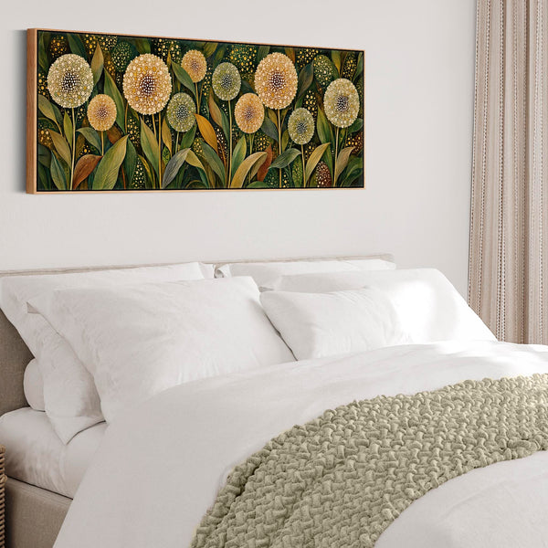 Wide Bedroom Framed Canvas - Green Cream Upright Art over Bed