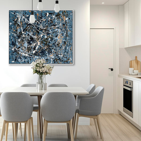 Teal Blue Abstract Framed Canvas Picture Jackson Pollock Style