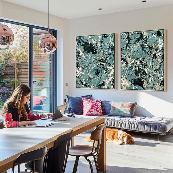 Large Framed Set of 2 Canvas Teal Green Jackson Pollock Style