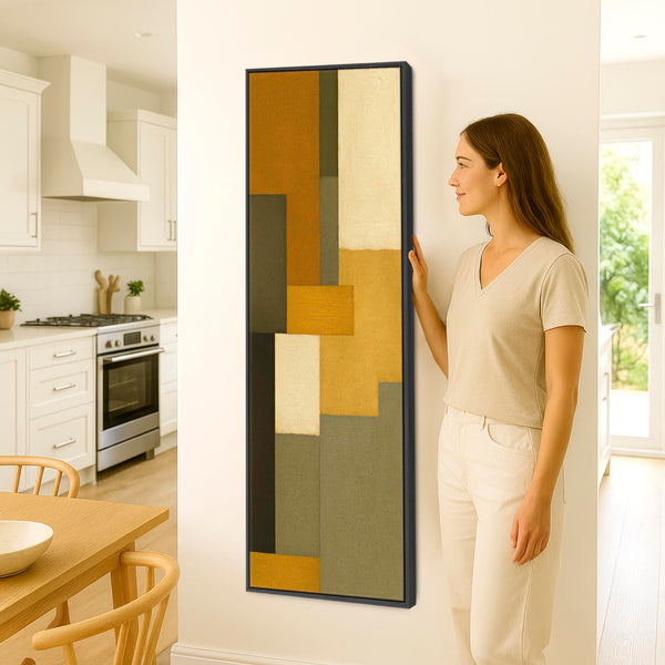 Tall Mustard Green Narrow Framed Canvas Abstract - Earthy Tones