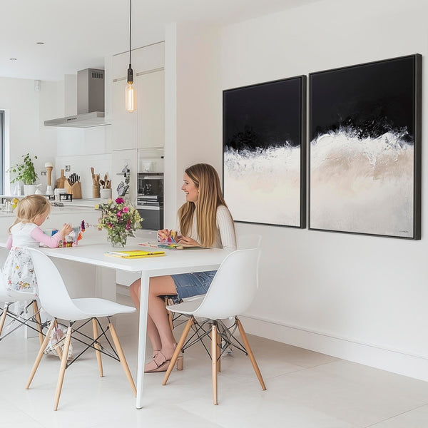 Large Set 2 Cream Neutral Black Framed Wall Art Abstract Shores