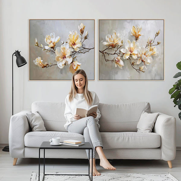 Large Living Room Framed Canvases Magnolia Blossom - Set of 2