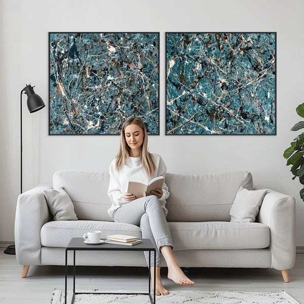 Extra Large Teal Jackson Pollock Inspired Pair Framed Canvases