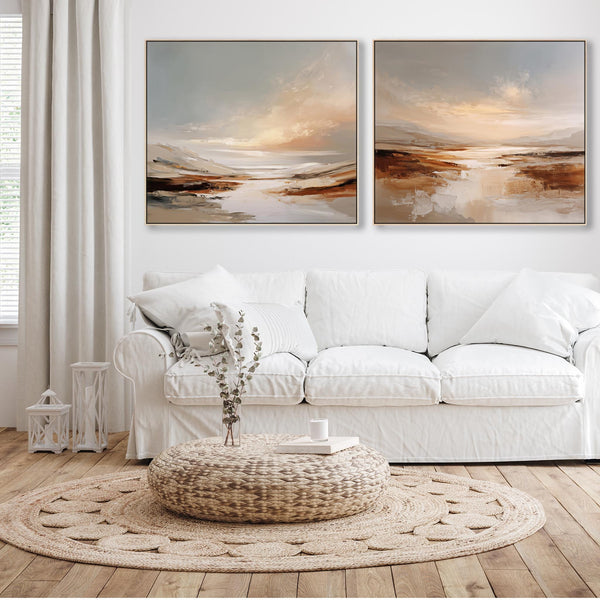 Large Living Room Framed Artwork Pair of Canvas - Ochre Shores - Set of 2