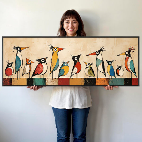 Wide Quirky Unusual Framed Canvas - Whimsical Birds on Wire