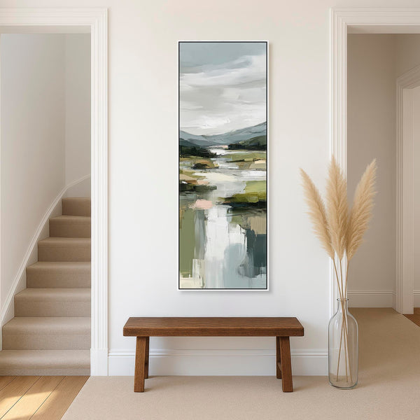 Tall Olive Green White Framed Vertical Wall Art - Quiet Loch