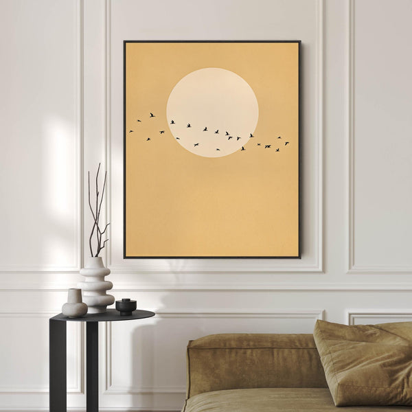 Mustard Yellow Canvas Art Japandi Birds - - Frame Included