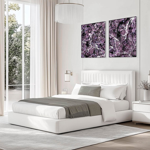 Plum Lilac White Framed Pair 2 Canvases - Jackson Polloc Style