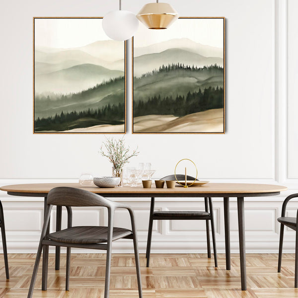 Large Sage Green Cream Framed Pair Canvas Wall Art - Set of 2