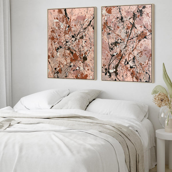 Bedroom Framed Wall Canvas Pair - Blush Pink Set of 2 over Bed