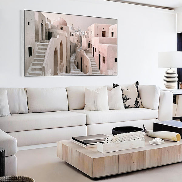 Living Room Framed Wall Art Canvas - Dusky Pink - Aegean Calm