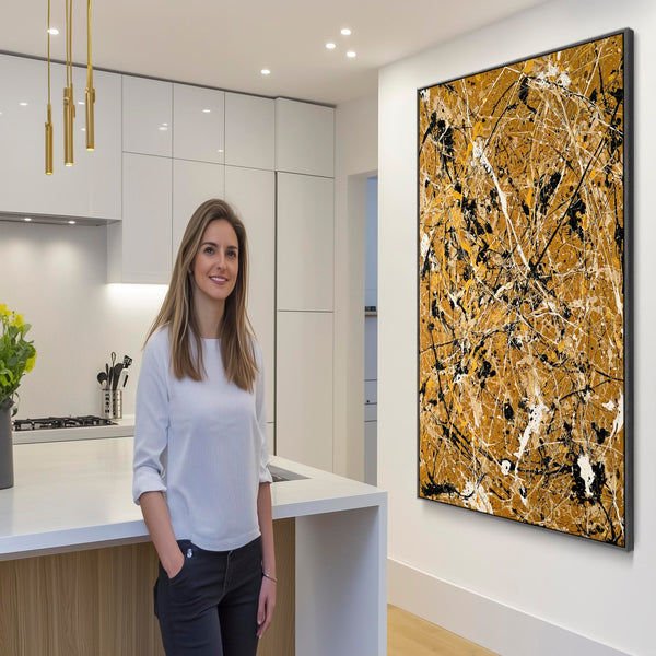 Mustard Yellow Abstract Framed Canvas Art Jackson Pollock Style