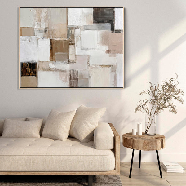 Neutral Warm Cream Beige Framed Canvas Wall Art - Ivory Blush