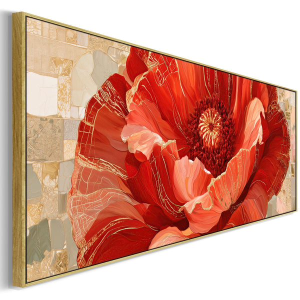 Wide Red Gold Cream Floral Bedroom Framed Canvas for Over bed