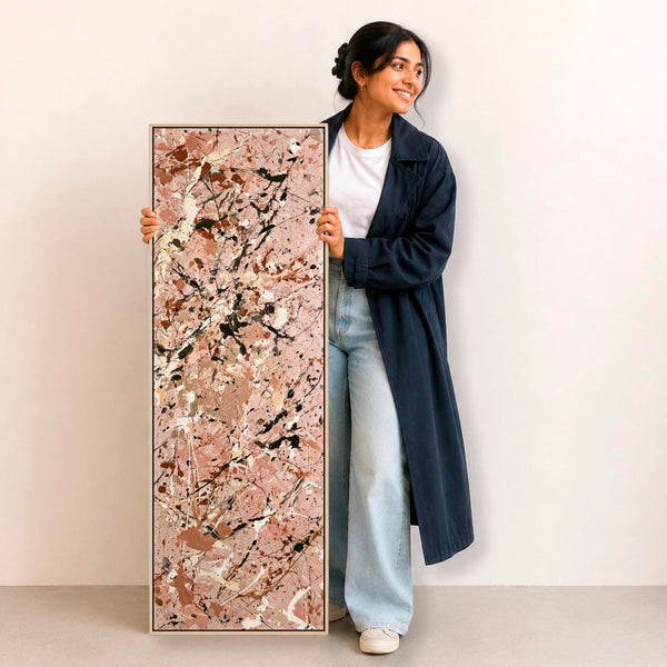 Tall Framed Abstract Wall Art Peach Pink Jackson Pollock Style