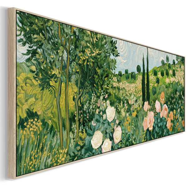 Wide Vincent Van Gogh inspired Framed Landscape Canvas in Green