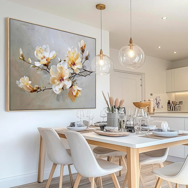Large Yellow Grey Framed Canvas Wall Art - Magnolia Blossom