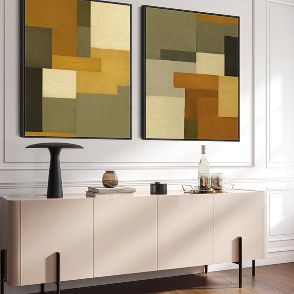 Large Mustard Green Pair of Abstract Framed Canvas Set of 2 - Cozy Earth