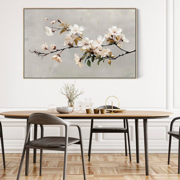 Large Cream Grey Framed Scandi Canvas Wall Art Spring Blossom