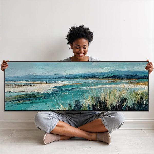 Wide Living Room Framed Wall Art on Canvas - Teal Tidal Drift