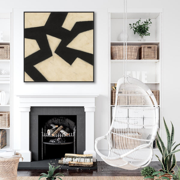 Beige Black Abstract Artwork Canvas Framed - Neutral Pathways