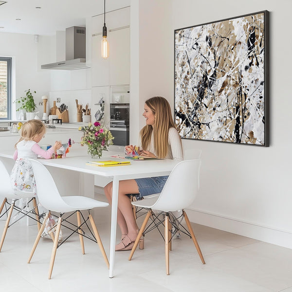 Cream Black Jackson Pollock Style Abstract Artwork Framed Neutral Impact