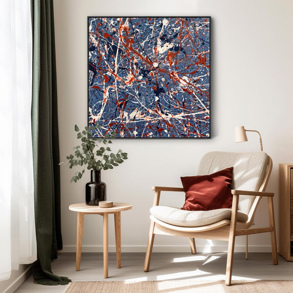 Living Room Framed Canvas Abstract Jackson Pollock Style Blue