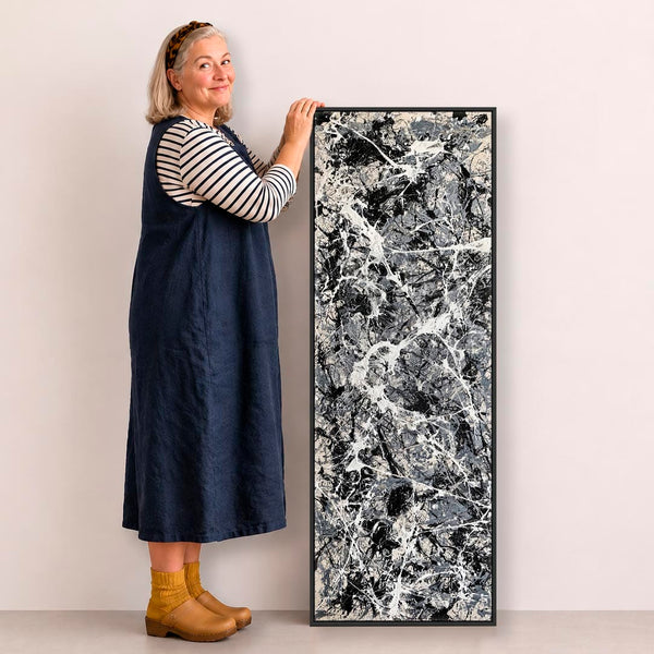 Tall Jackson Pollock Style Neutral Grey Framed Canvas - Havoc
