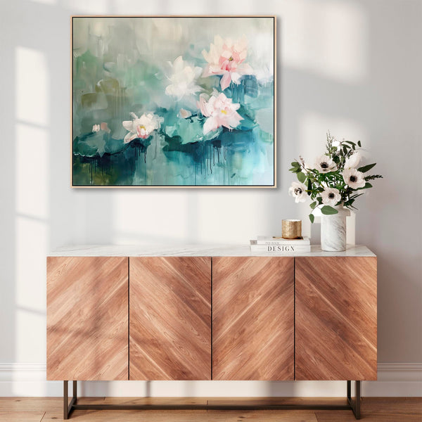 Large Framed Living Room Canvas Art - Lillies Soft Pink Green