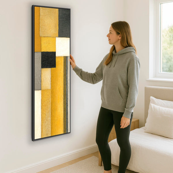 Upright Mustard Yellow Grey Vertical Framed Canvas Wall Art - Narrow Steps