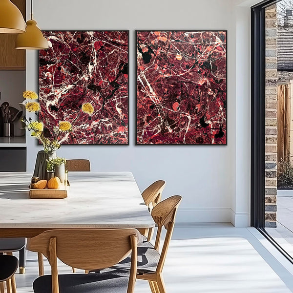 Pair XL Burgundy Framed Wall Art Abstract Expression Set 2