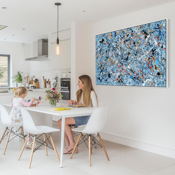 Abstract Framed Wall Art - Jackson Pollock Style Light Blue