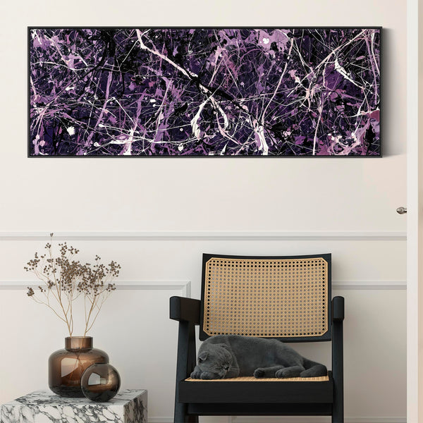 Wide Deep Purple Aubergine Framed Canvas Jackson Pollock Style
