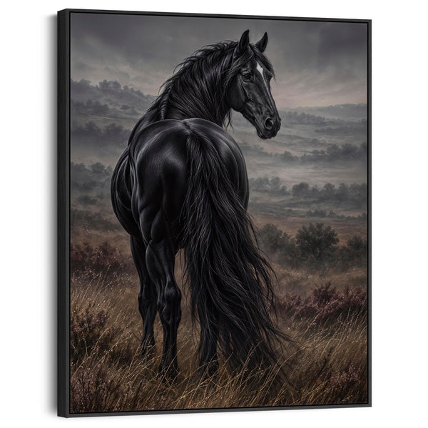 Black Friesian Horse Framed Canvas Wall Art - Turning for Home