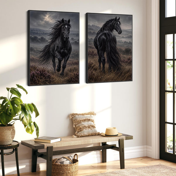 Black Friesian Horses - Majestic - Framed Pair Canvases Set 2