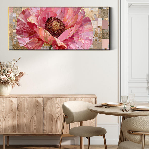 Wide Pink Gold Cream Floral Bedroom Framed Canvas for Over bed