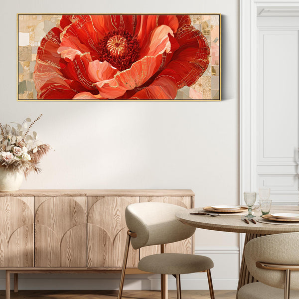 Wide Red Gold Cream Floral Bedroom Framed Canvas for Over bed