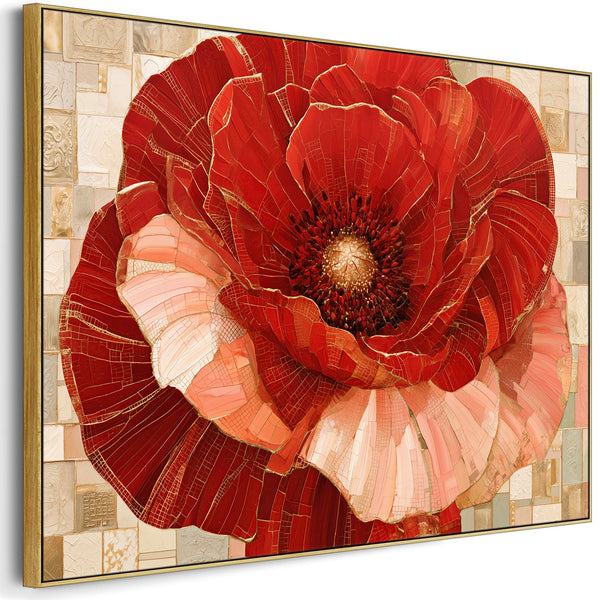 Large Red Gold Cream Floral Gustav Klimt inspired Framed Canvas