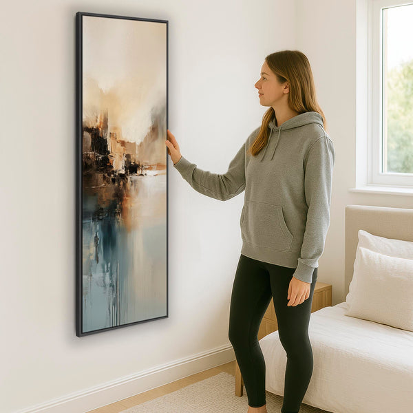 Teal Gold Framed Vertical Wall Art Canvas - Misty Calm