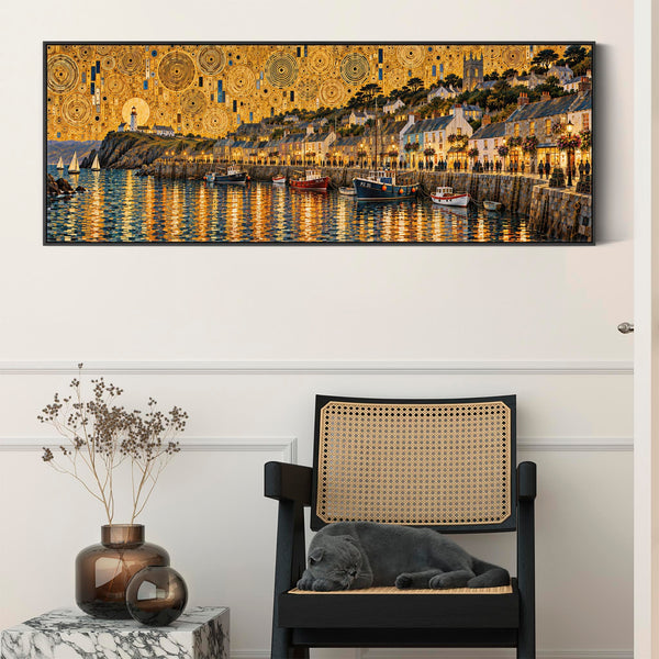 Wide Gustav Klimt inspired Long Wall Art Golden Cornish Harbour