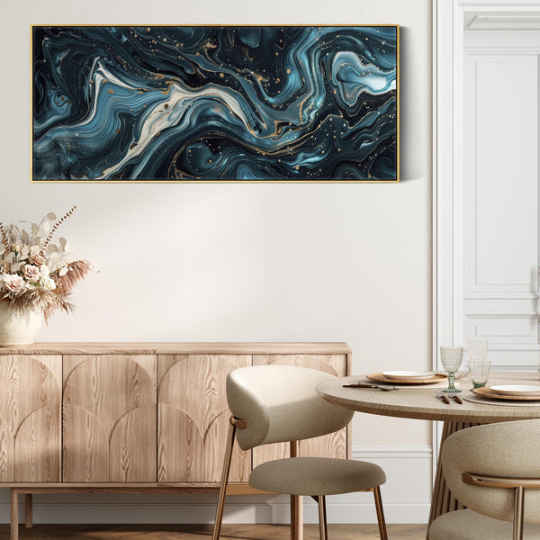 Horizontal Teal Blue Artwork Print Canvas Panoramic - Golden Streams