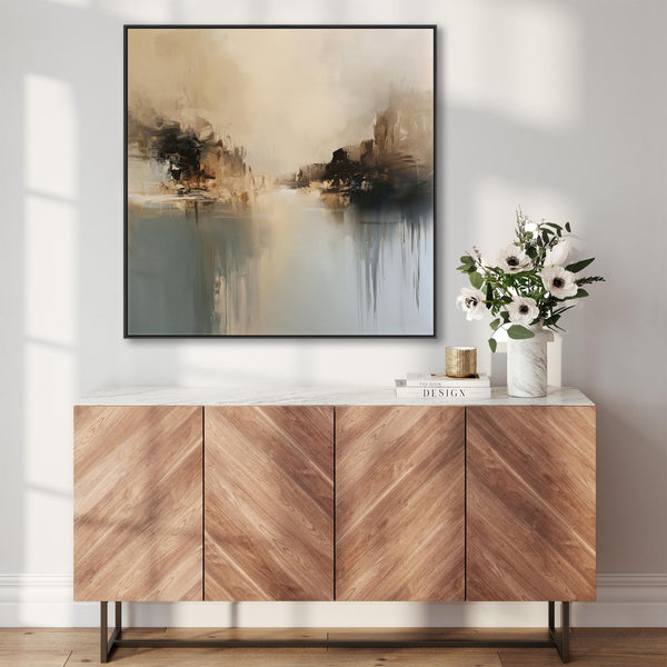 Golden Teal Abstract Framed Square Artwork Canvas - Calm Shores