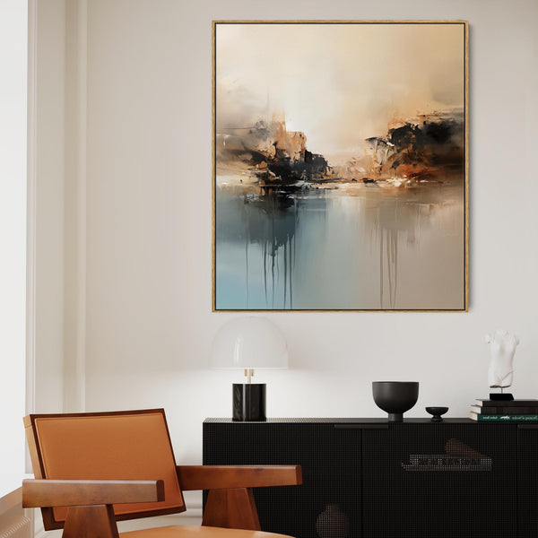 Golden Teal Sunrise Framed Abstract Canvas