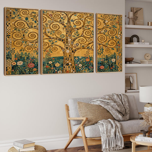 Set 3 Gustav Klimt inspired Framed Canvases Golden Tree of Life