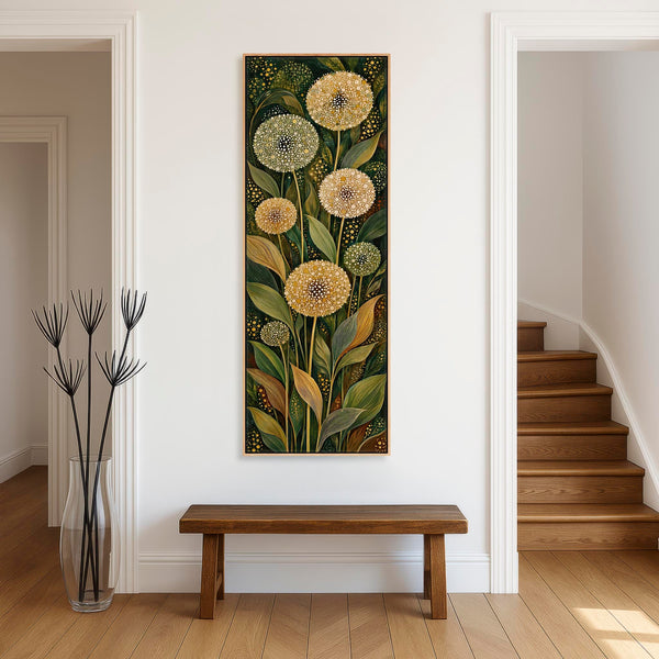 Tall Green Cream Framed Canvas Art Dandelion Botanical Floral