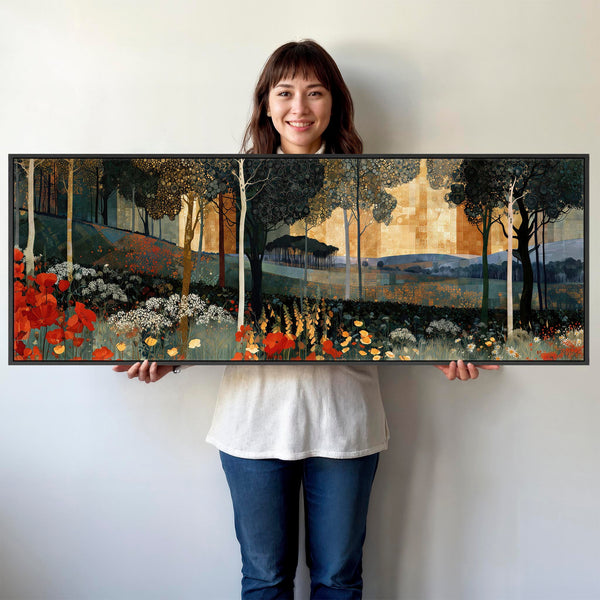 Wide Gustav Klimt inspired Framed Long Canvas Art - Poppy Hills