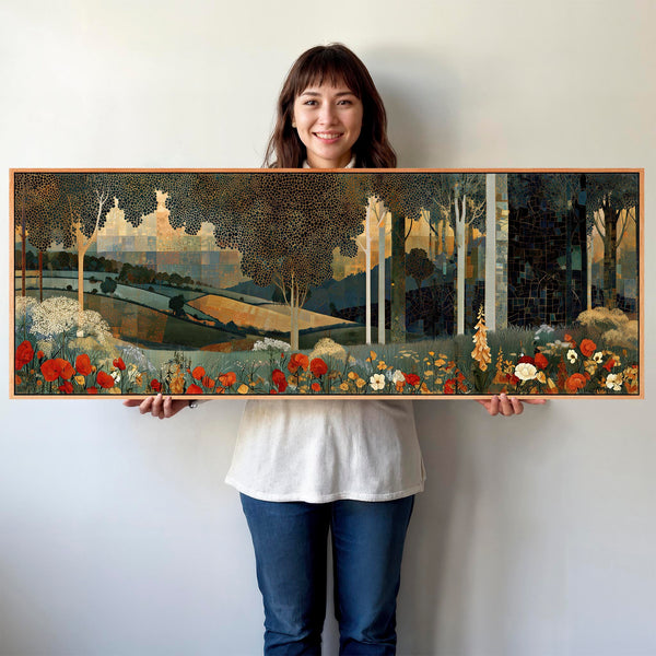 Gustav Klimt inspired Framed Canvas Wall Art Poppy Meadow Hills